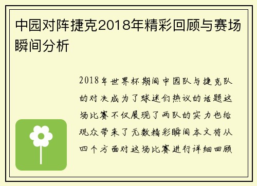 中园对阵捷克2018年精彩回顾与赛场瞬间分析
